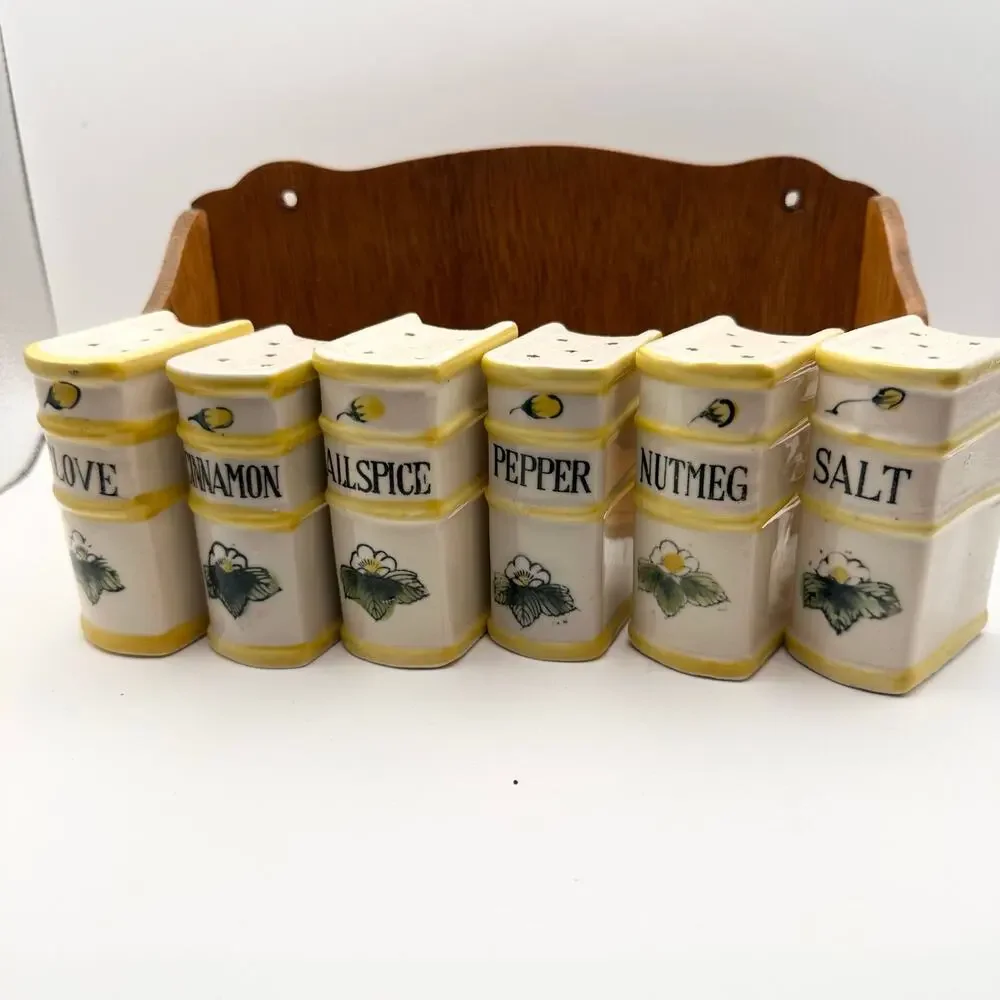 Vintage Nasco Handpainted Spice Rack Library Yellow Cream Ceramic Books 1950s
